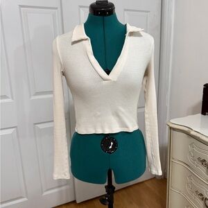 Cream Ribbed V-Neck Women's Top